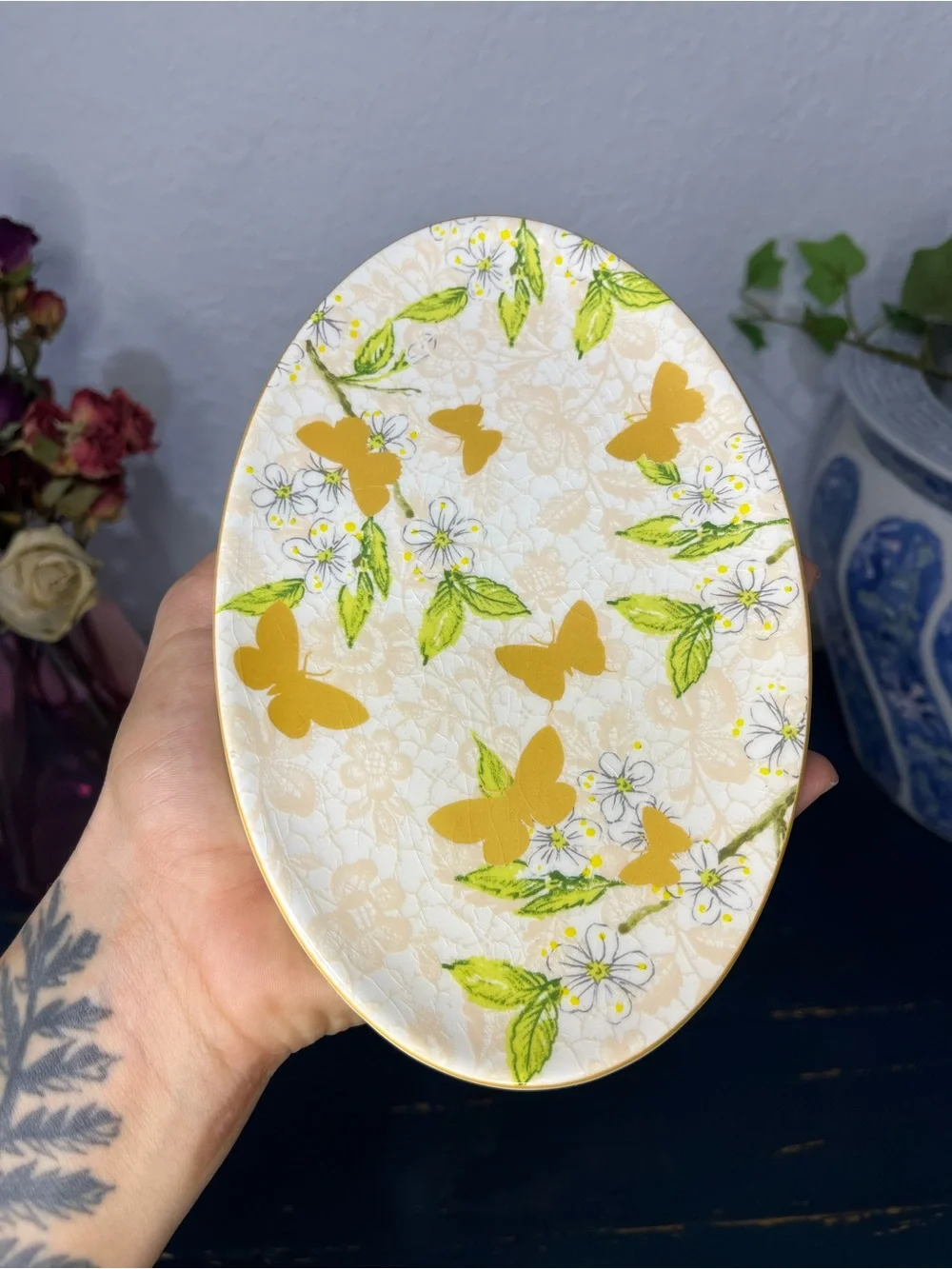 Butterfly Flowers Trinket Ring Jewelry Soap Dish Made in Portugal Cottagecore